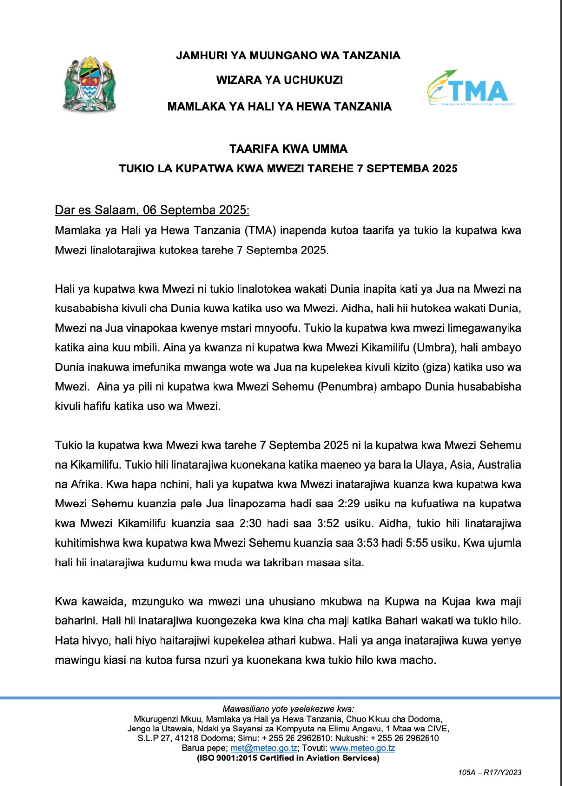 TUKIO LA KUPATWA KWA MWEZI TAREHE 7 SEPTEMBA 2025